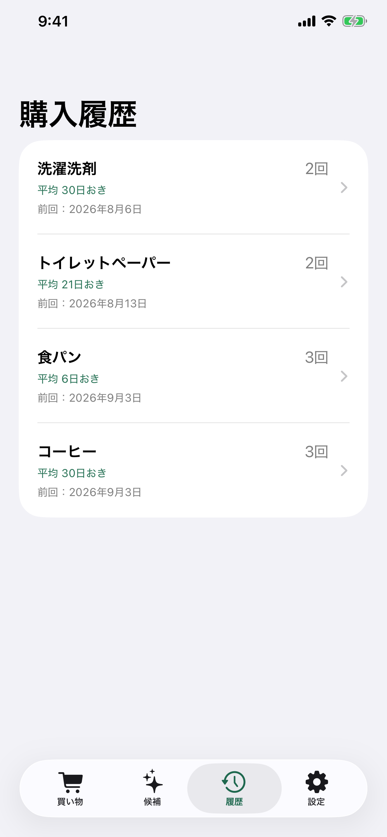 かいものリピの購入履歴画面